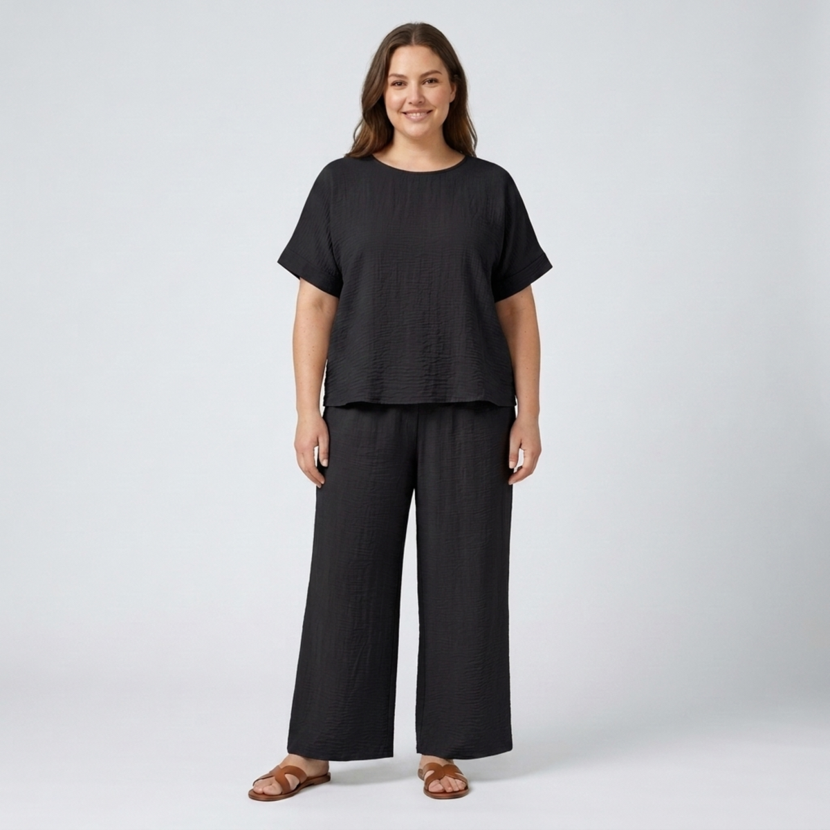 Casual plus size pants set for women — Black