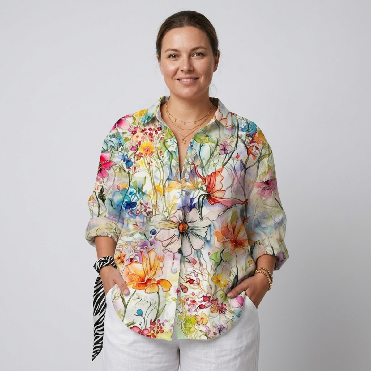 Plus size floral print long sleeve blouse for women — Multicolour