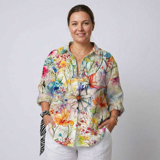 Plus size floral print long sleeve blouse for women — Multicolour