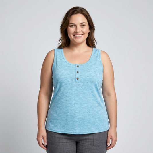 Plus Size Round Neck Tank Top for Women – Button Detail — Light Blue