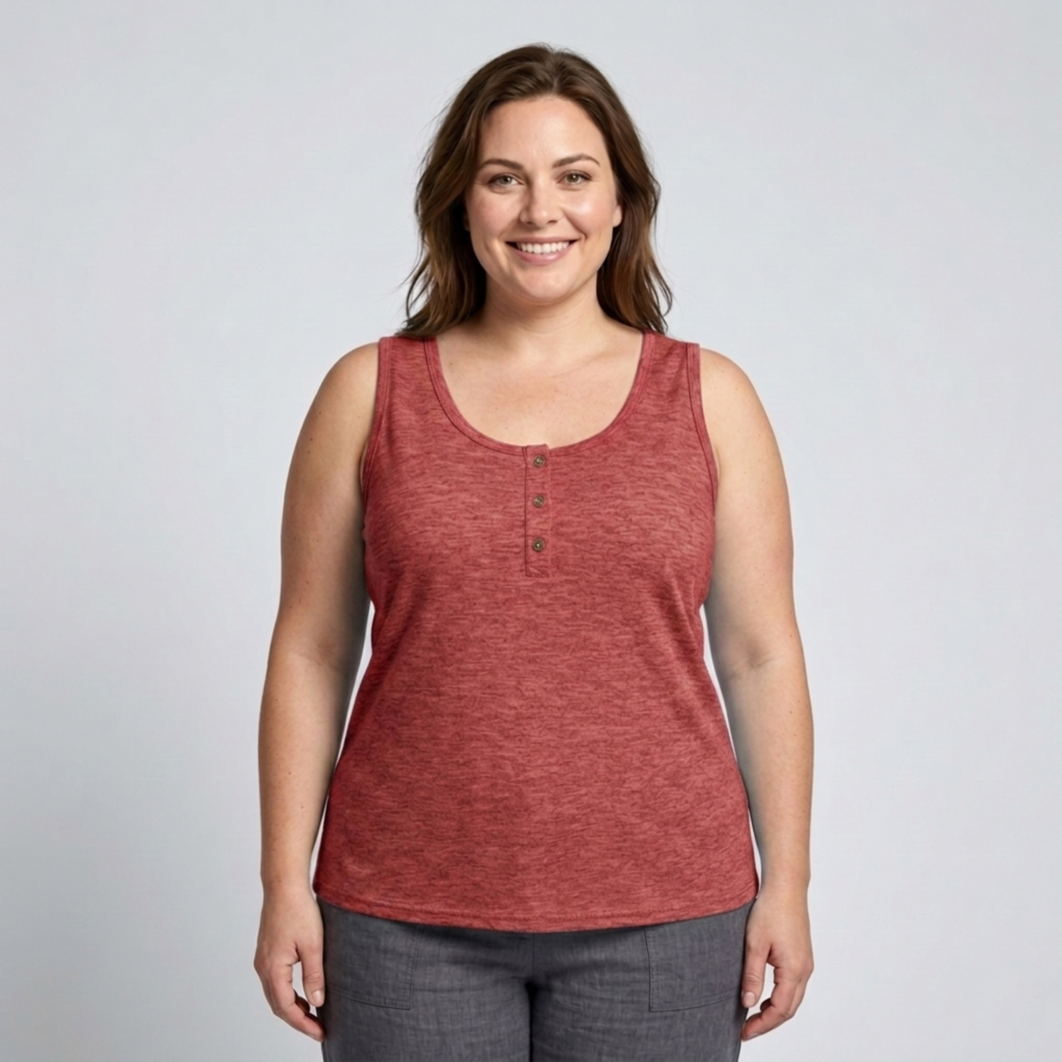 Plus Size Round Neck Tank Top for Women – Button Detail — Red