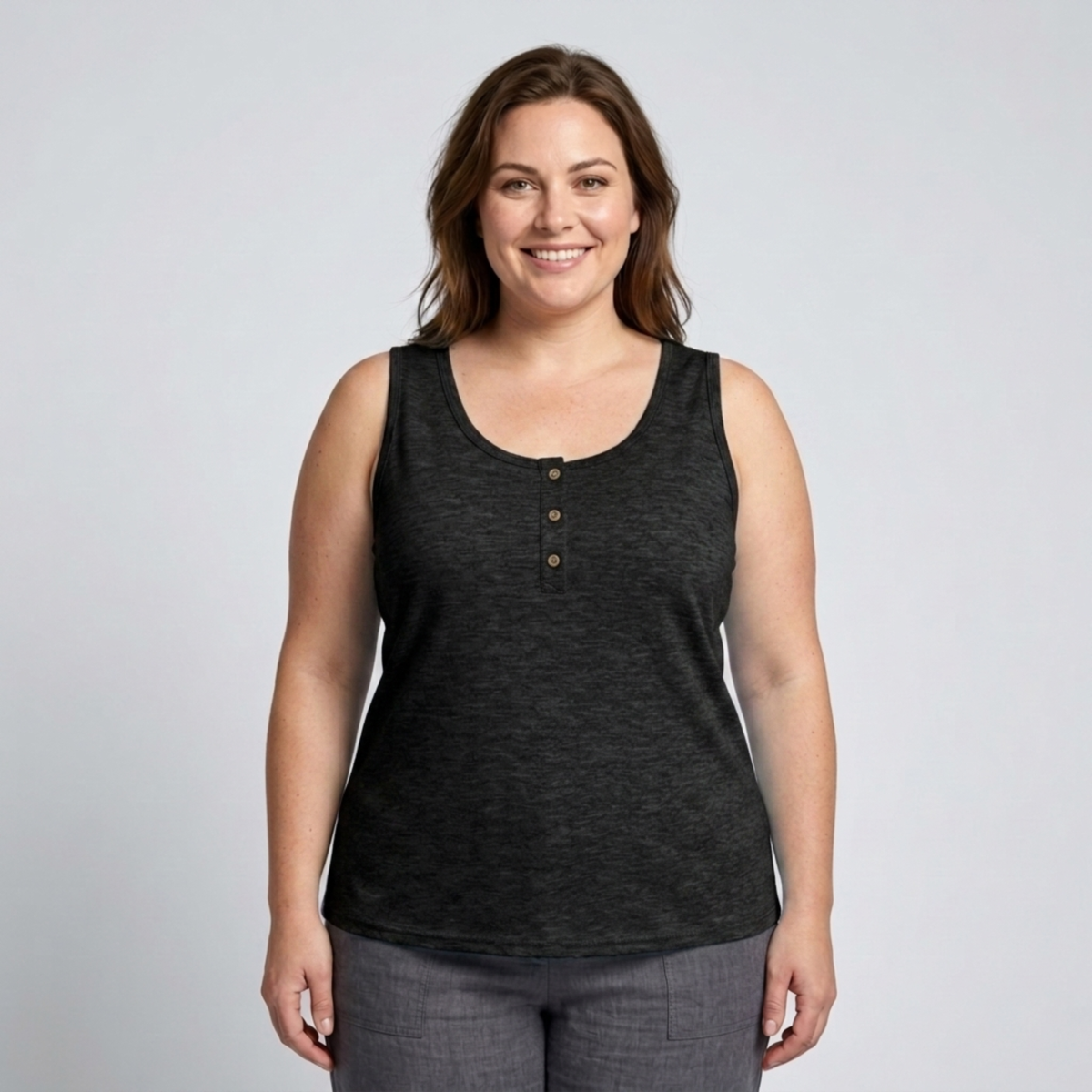 Plus Size Round Neck Tank Top for Women – Button Detail — Black