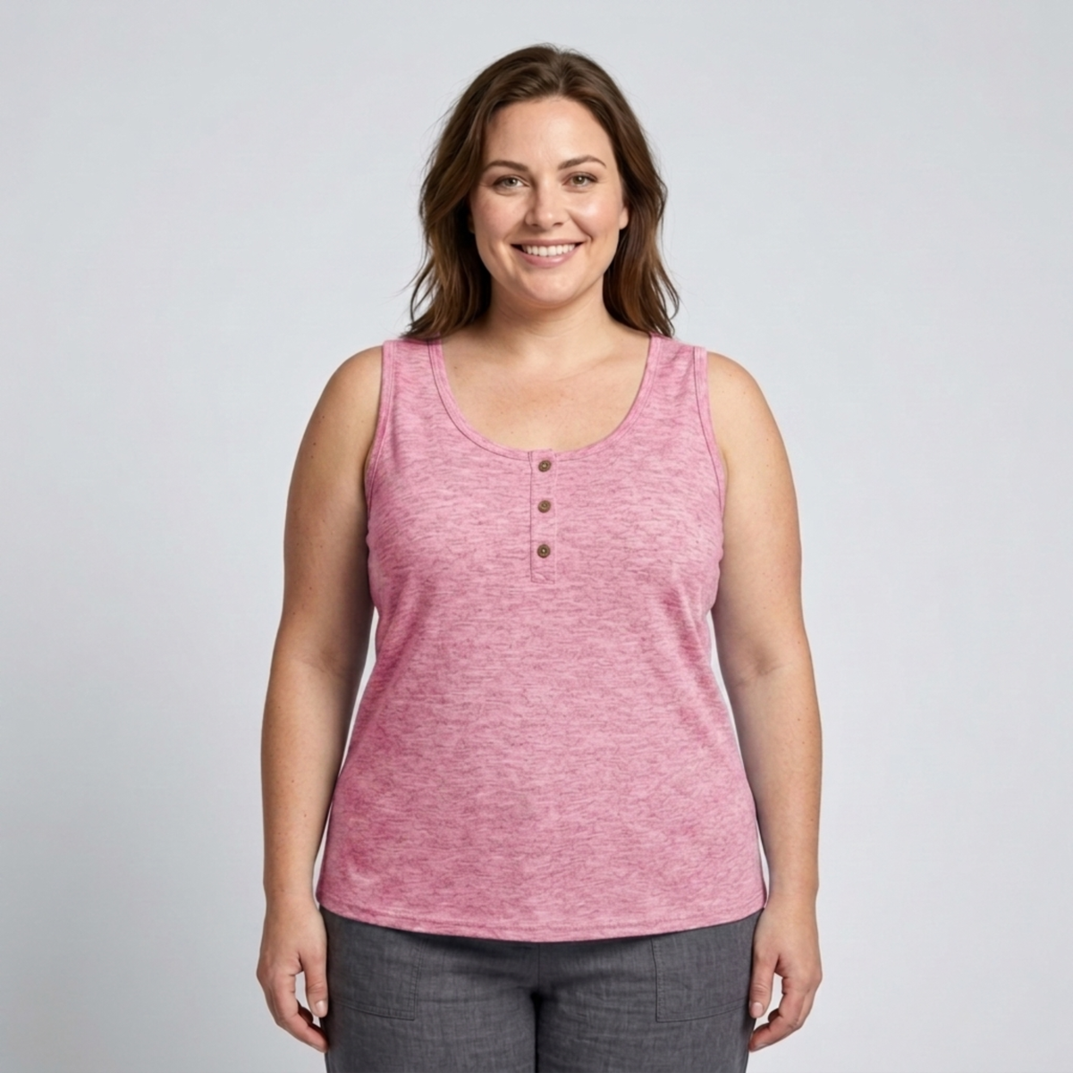 Plus Size Round Neck Tank Top for Women – Button Detail — Pink
