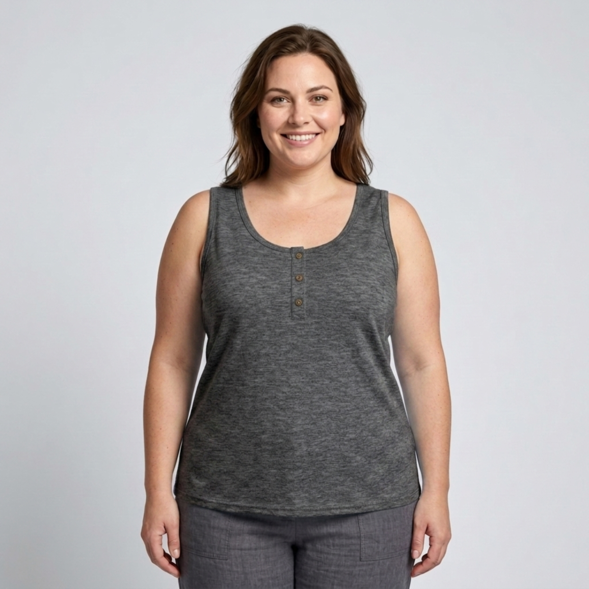 Plus Size Round Neck Tank Top for Women – Button Detail — Dark Grey