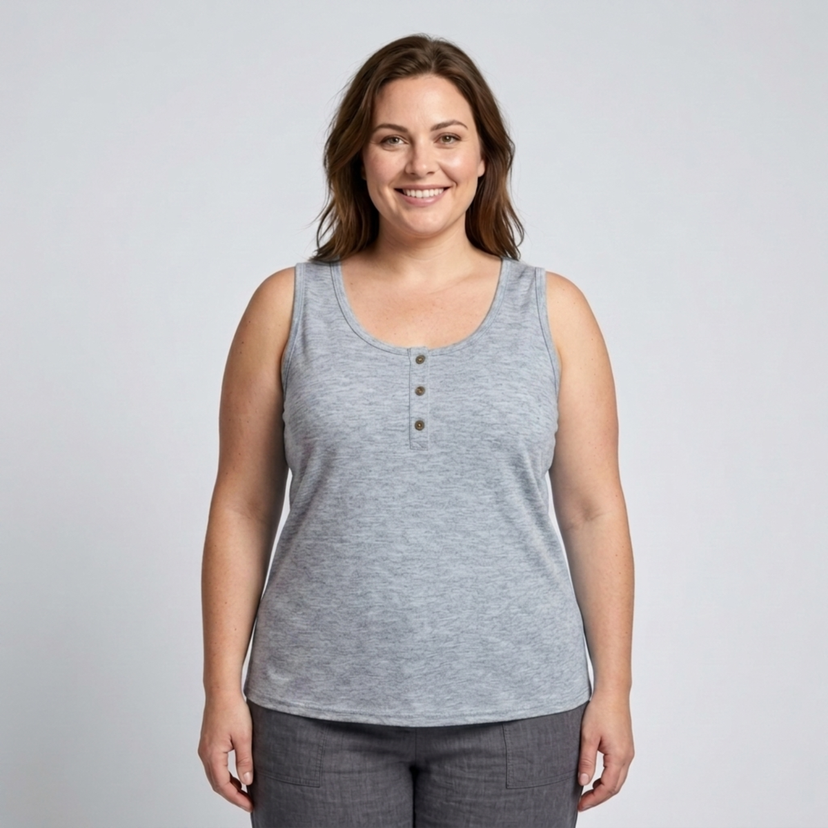 Plus Size Round Neck Tank Top for Women – Button Detail — Light Grey