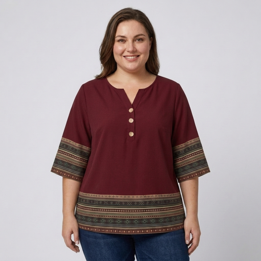Plus size V-neck blouse for women — Burgundy