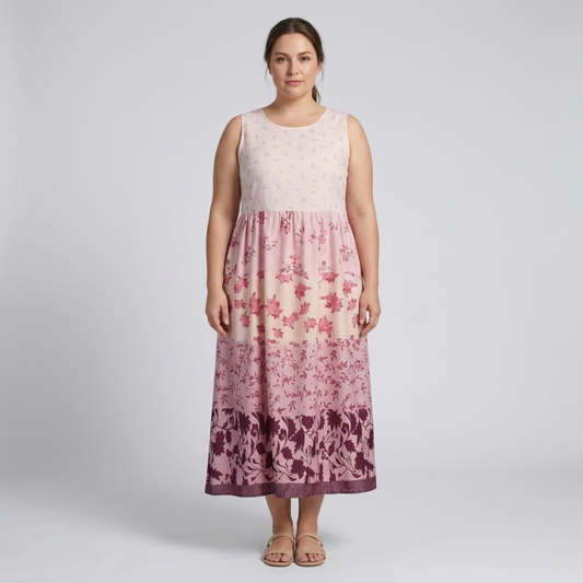 Plus size long dress for women Hawaiian style with round neckline — Pink