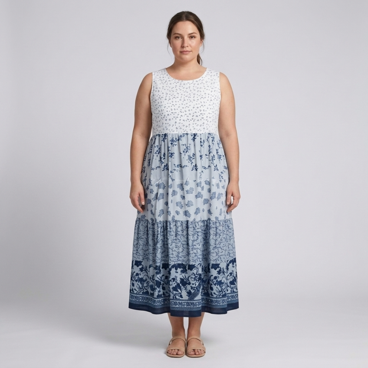 Plus size long dress for women Hawaiian style with round neckline — Blue
