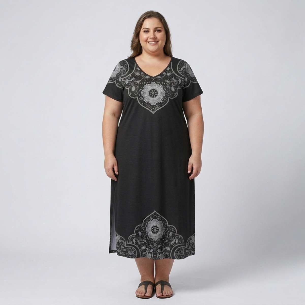 Plus size long dress for women with printed V-neck collar — Black/Grey