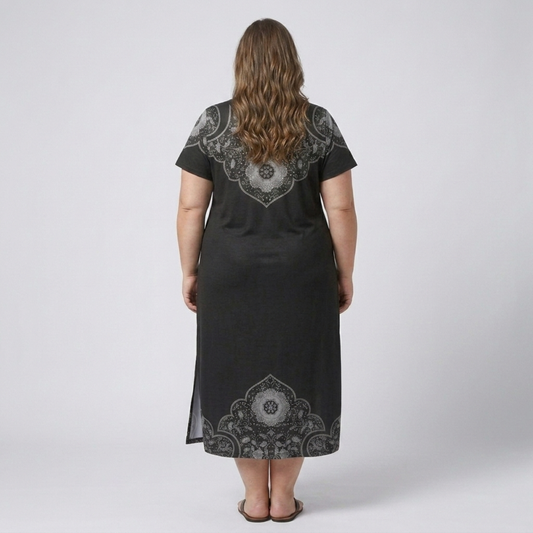 Plus size long dress for women with printed V-neck collar — product view