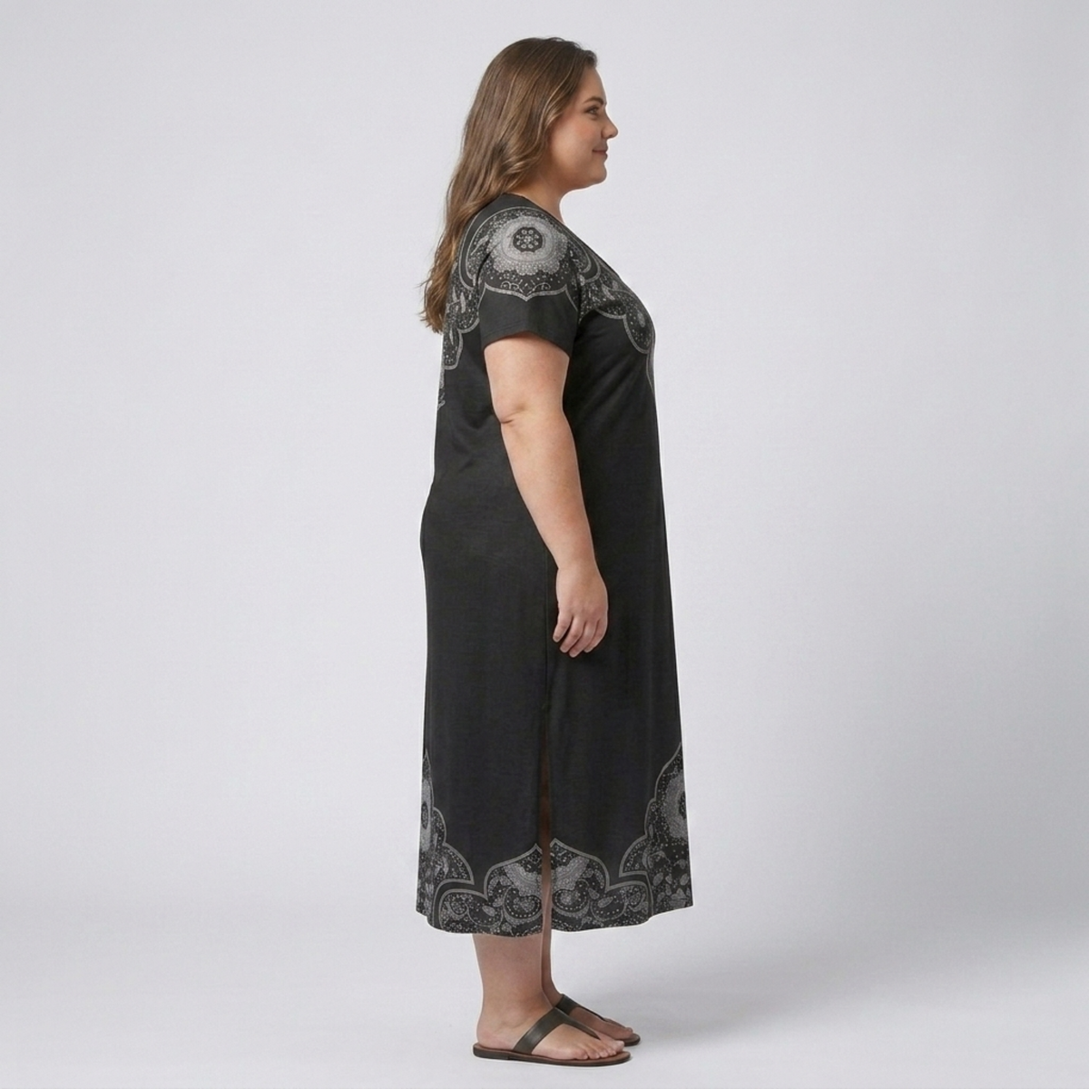 Plus size long dress for women with printed V-neck collar — product view