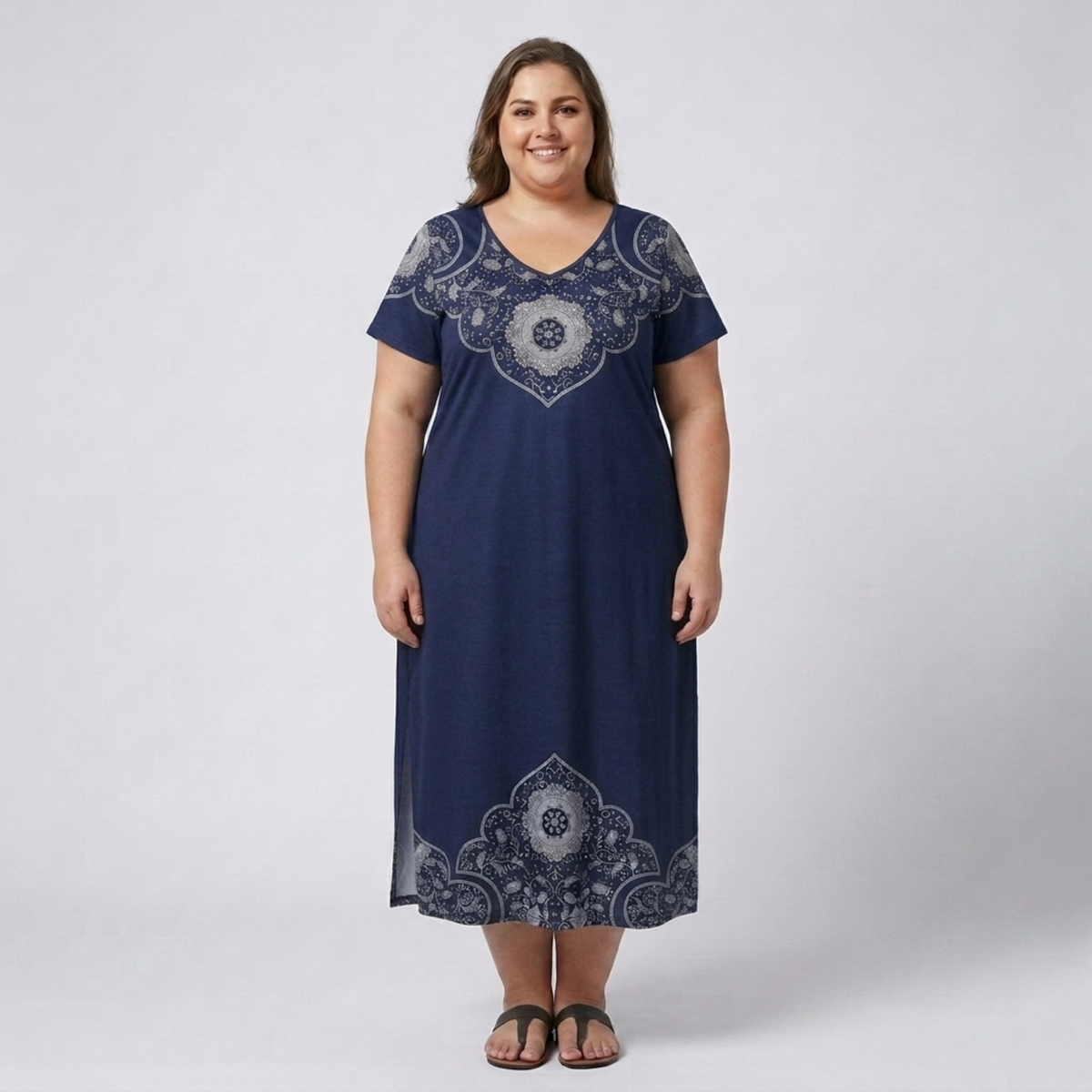 Plus size long dress for women with printed V-neck collar — Navy Blue/Grey