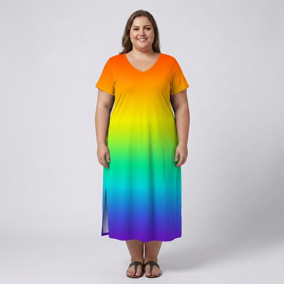 Plus size long dress for women with printed V-neck collar — Multicolour