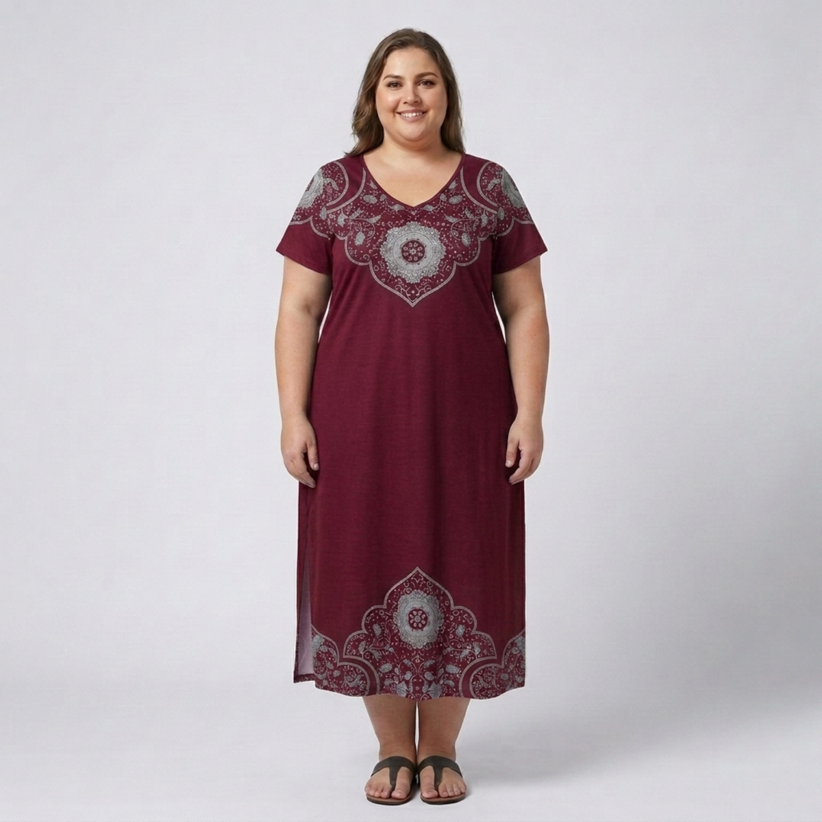 Plus size long dress for women with printed V-neck collar — Burgundy/Grey