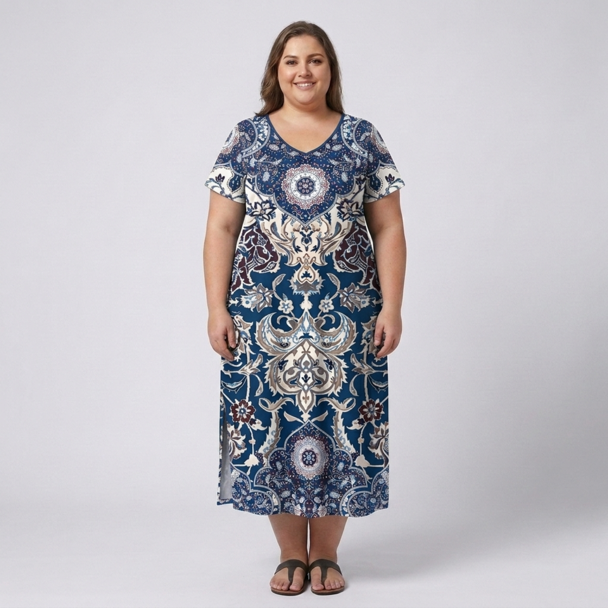 Plus size long dress for women with printed V-neck collar — Navy Blue/White