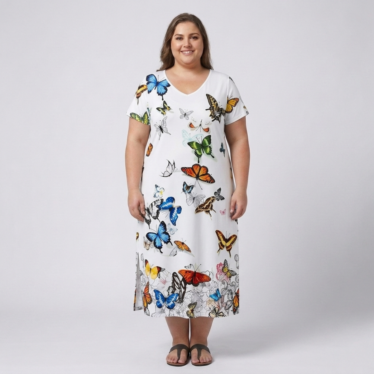 Plus size long dress for women with printed V-neck collar — White/Blue/Yellow