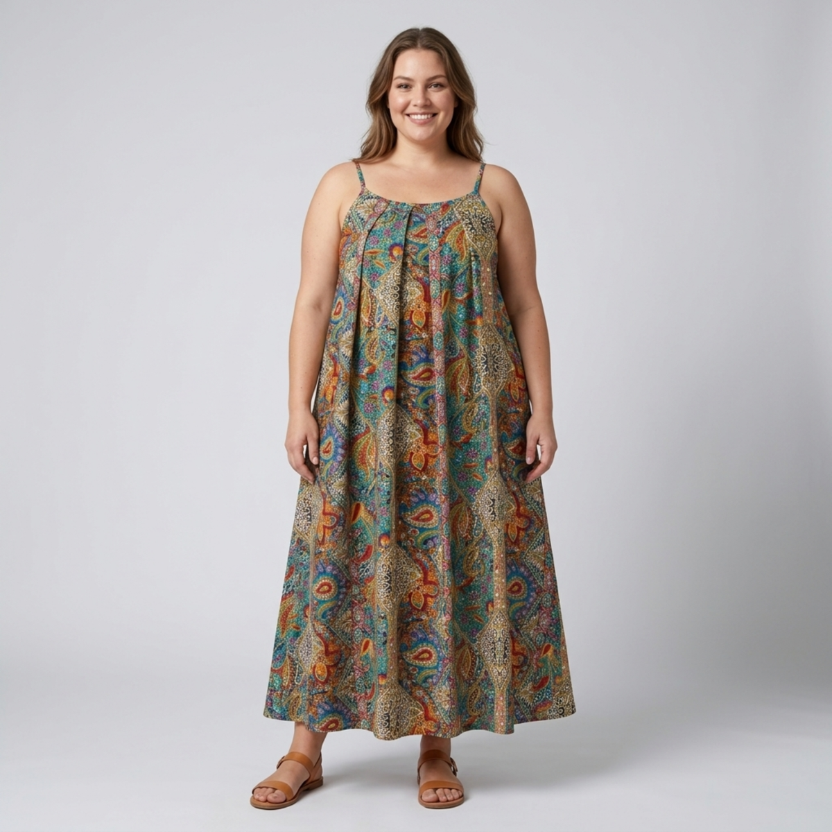 Plus size long dress for women with paisley print straps — Green/Orange/Blue