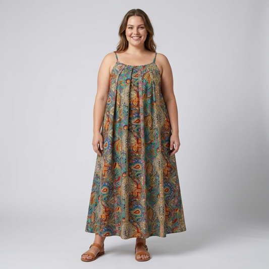Plus size long dress for women with paisley print straps — Green/Orange/Blue