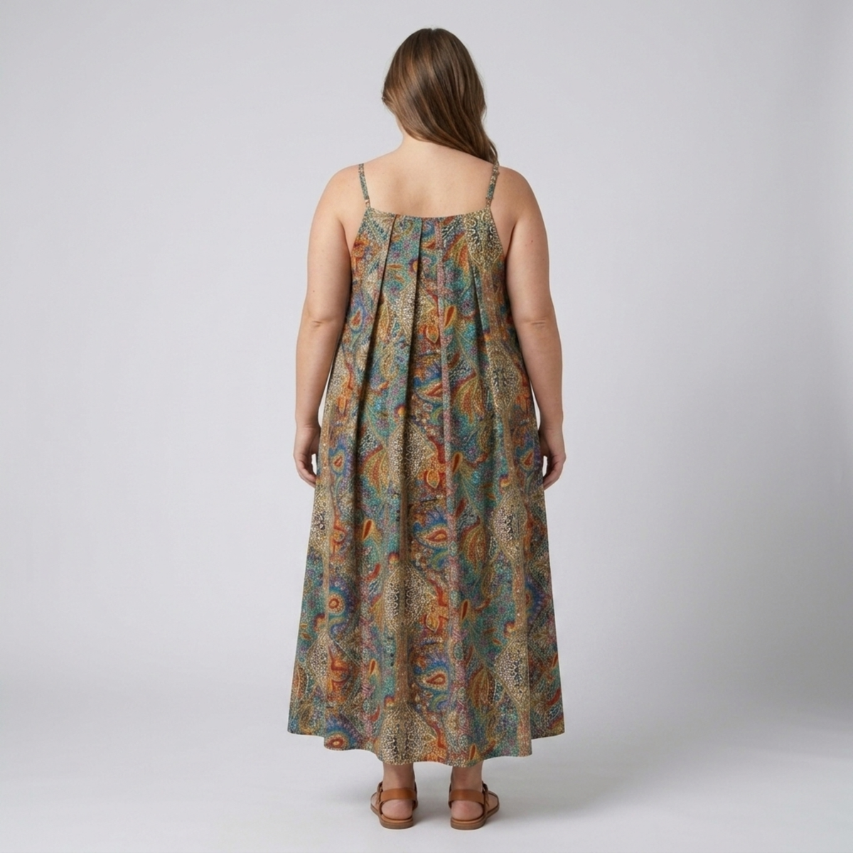 Plus size long dress for women with paisley print straps — product view