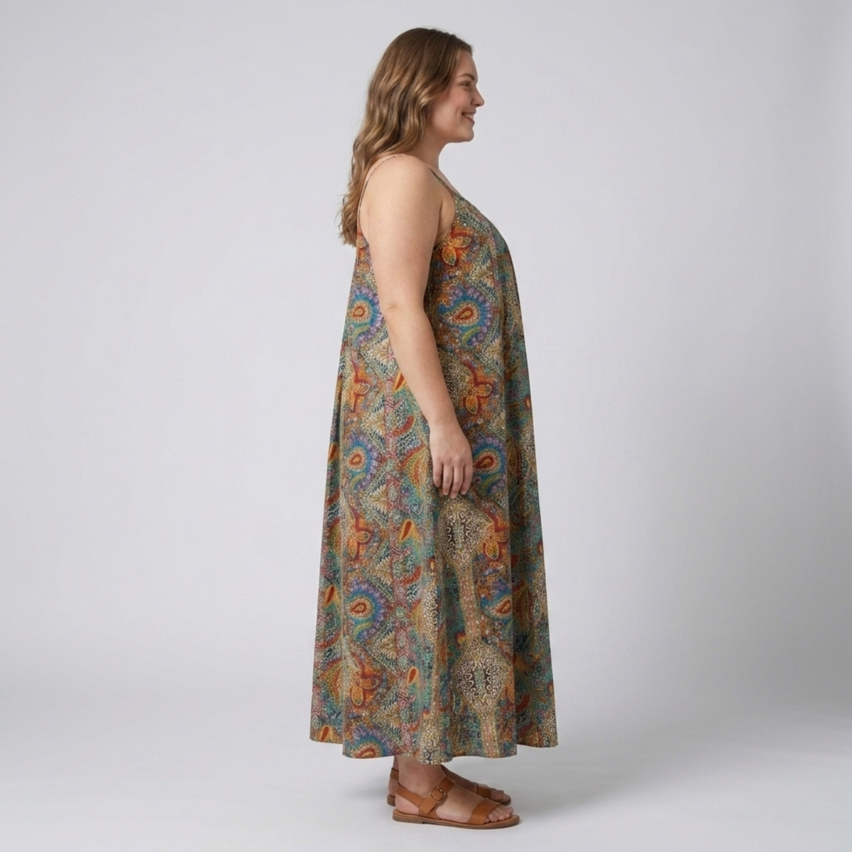 Plus size long dress for women with paisley print straps — product view
