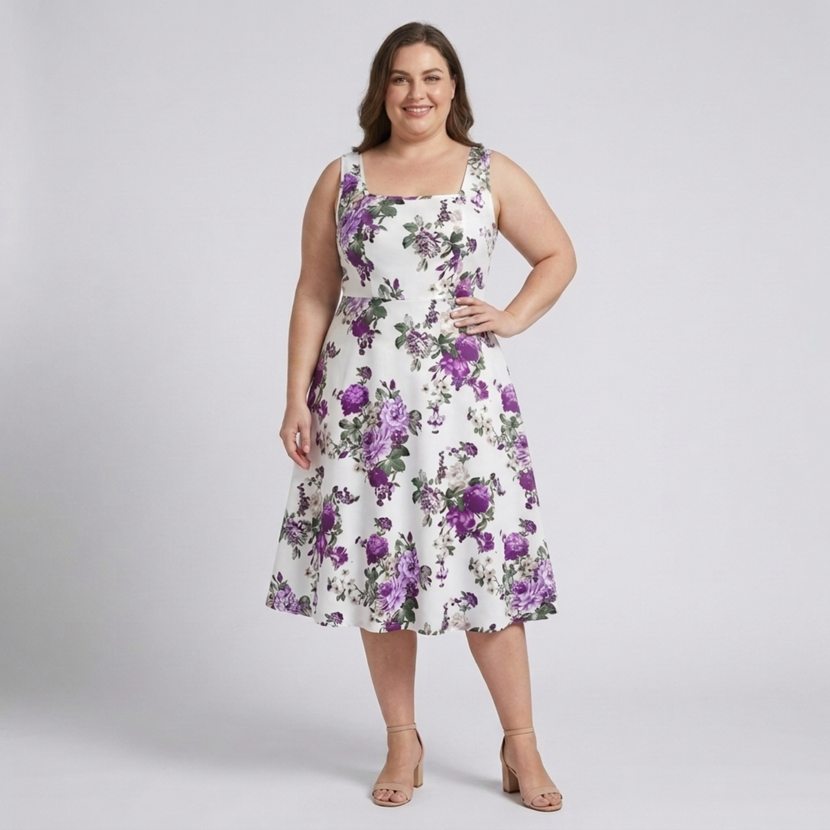 Plus size flared dress for women with square neckline — Purple