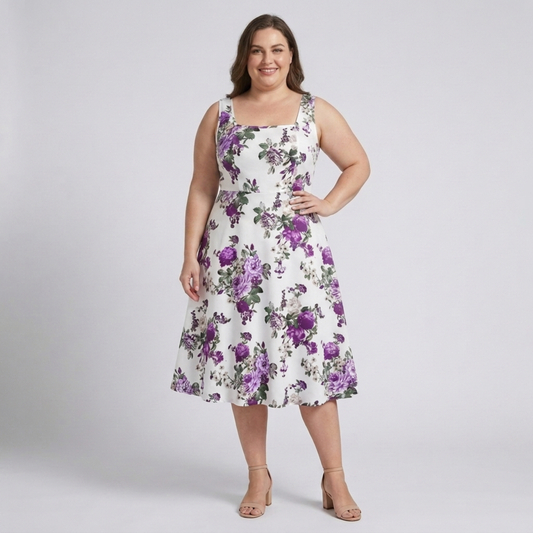 Plus size flared dress for women with square neckline — Purple