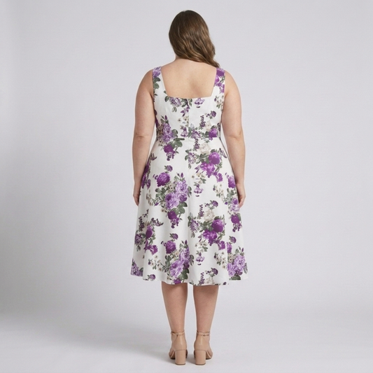 Plus size flared dress for women with square neckline — Purple