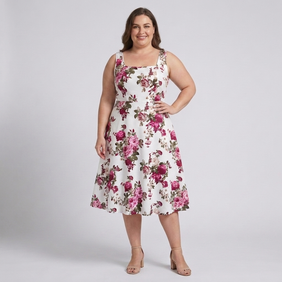 Plus size flared dress for women with square neckline — Red