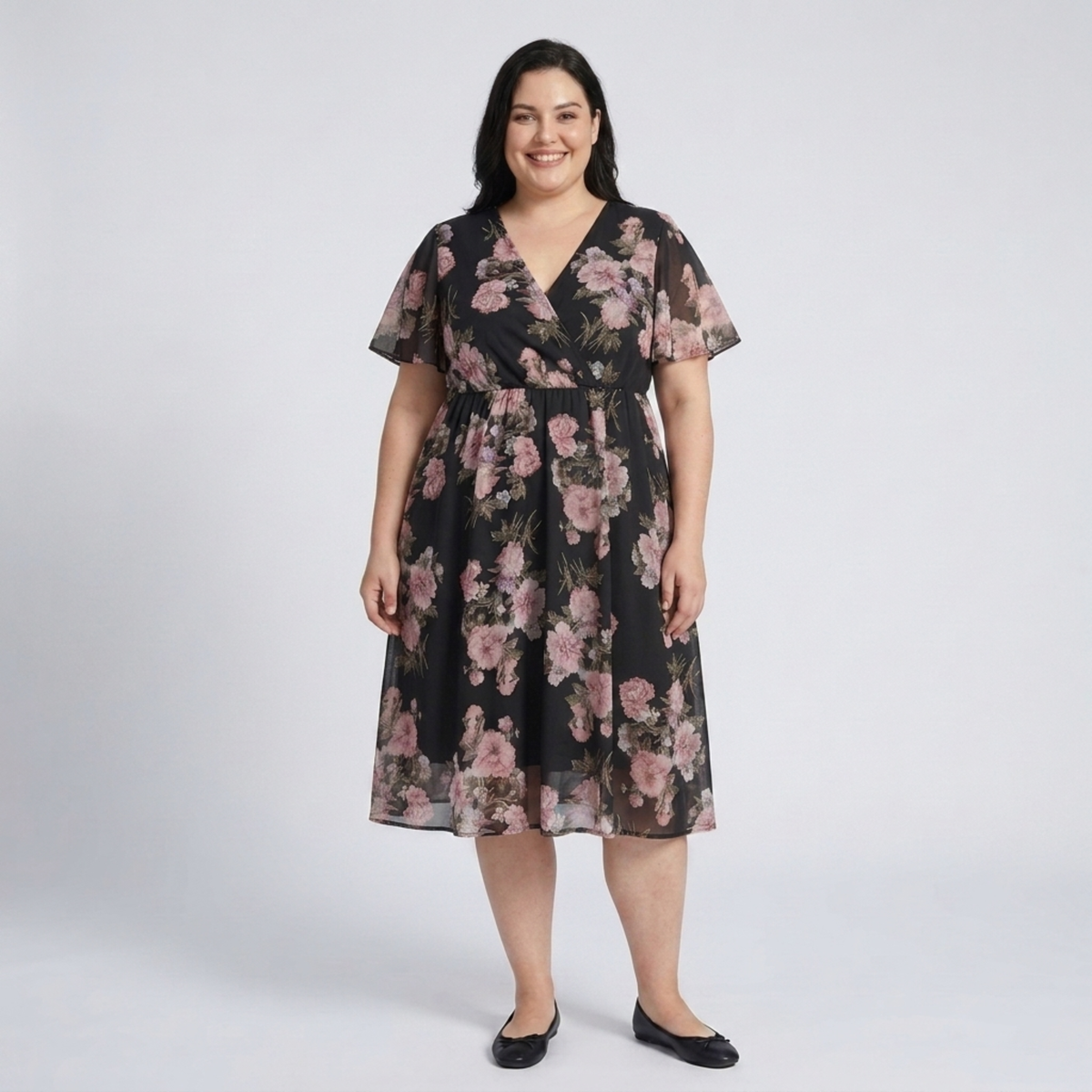 Plus Size Midi Dress – Crossover Collar and Butterfly Sleeves — Black