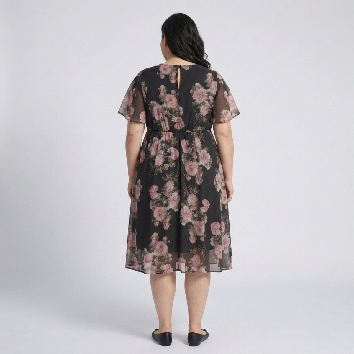 Plus Size Midi Dress – Crossover Collar and Butterfly Sleeves — product view