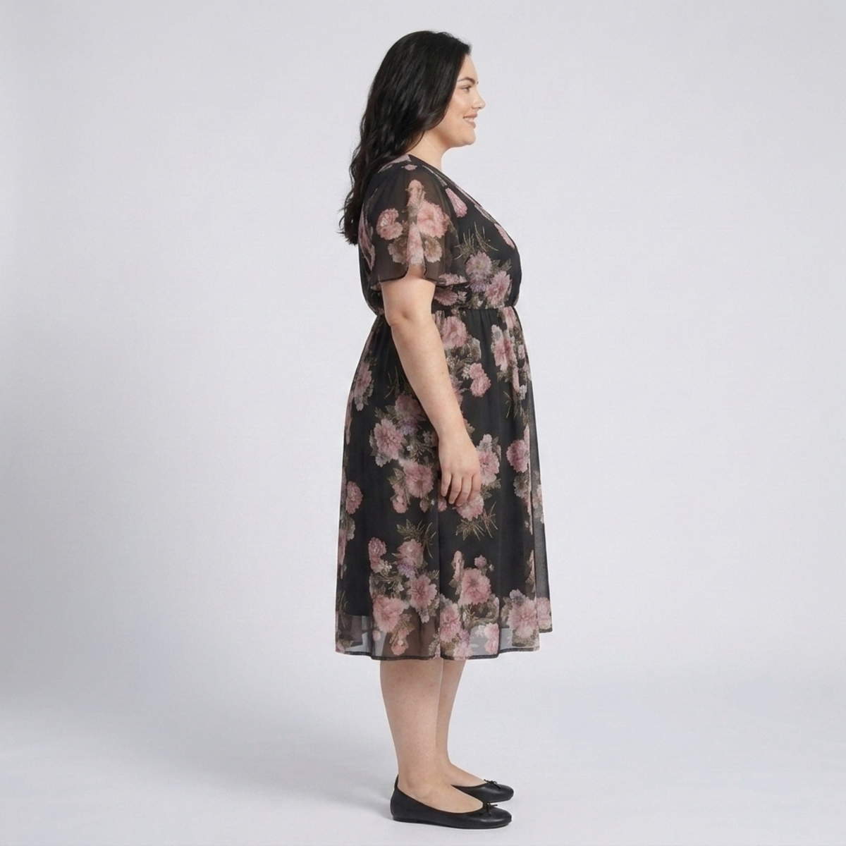 Plus Size Midi Dress – Crossover Collar and Butterfly Sleeves — product view