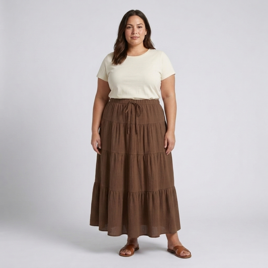 Plus size long skirt for women with panels and drawstring — Brown