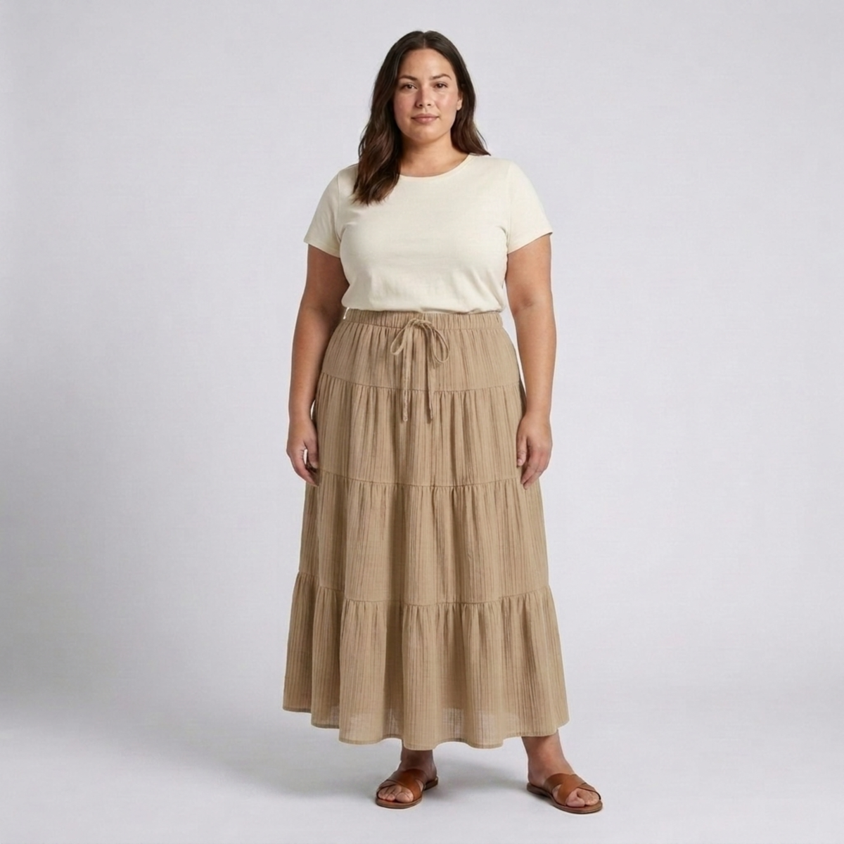 Plus size long skirt for women with panels and drawstring — Beige