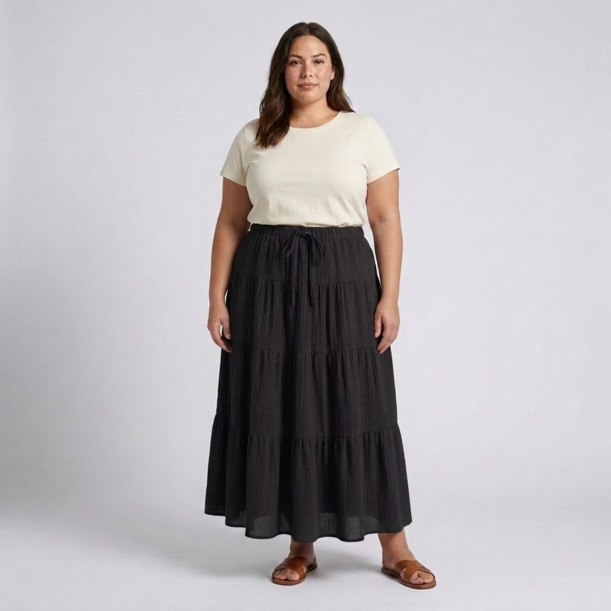 Plus size long skirt for women with panels and drawstring — Black
