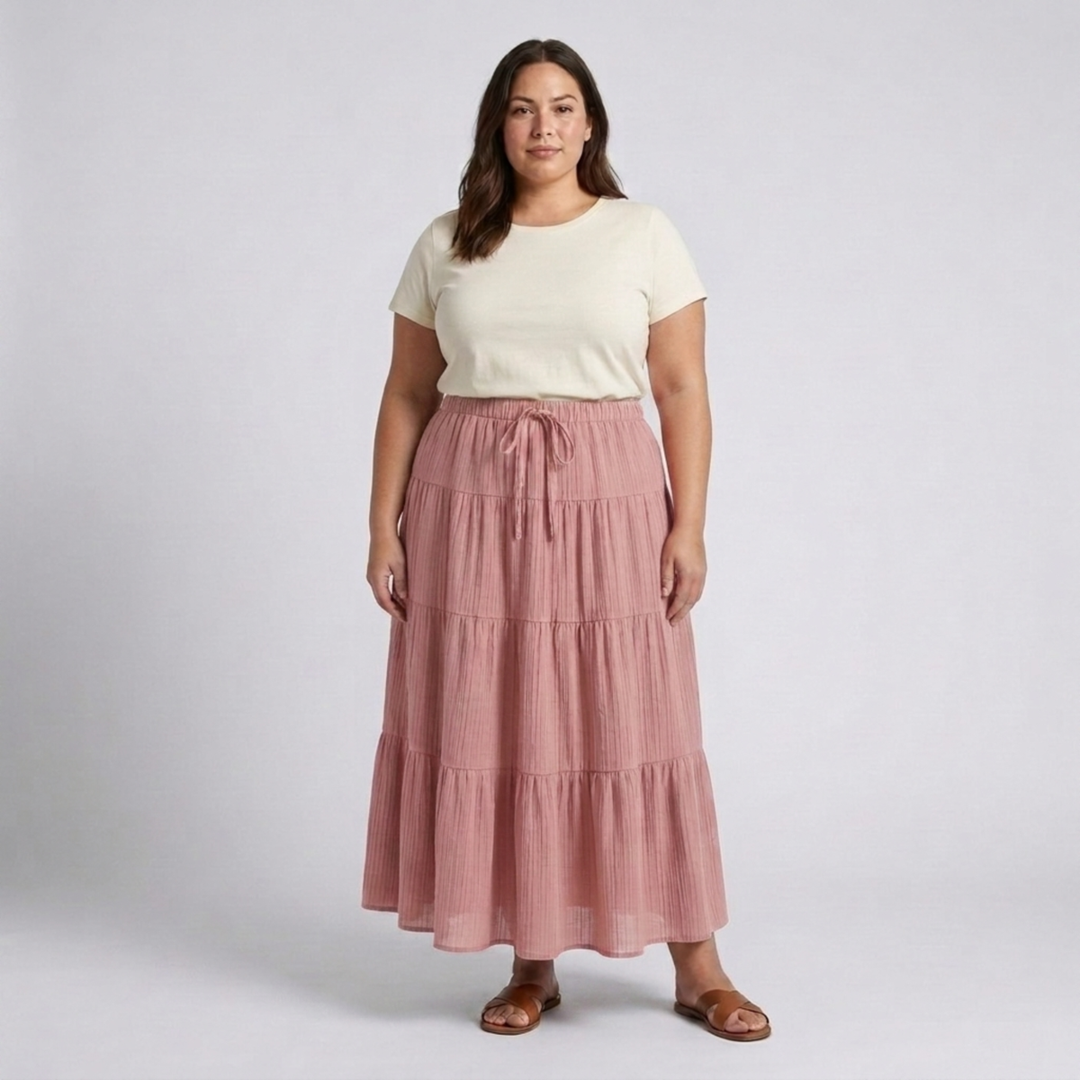 Plus size long skirt for women with panels and drawstring — Pink