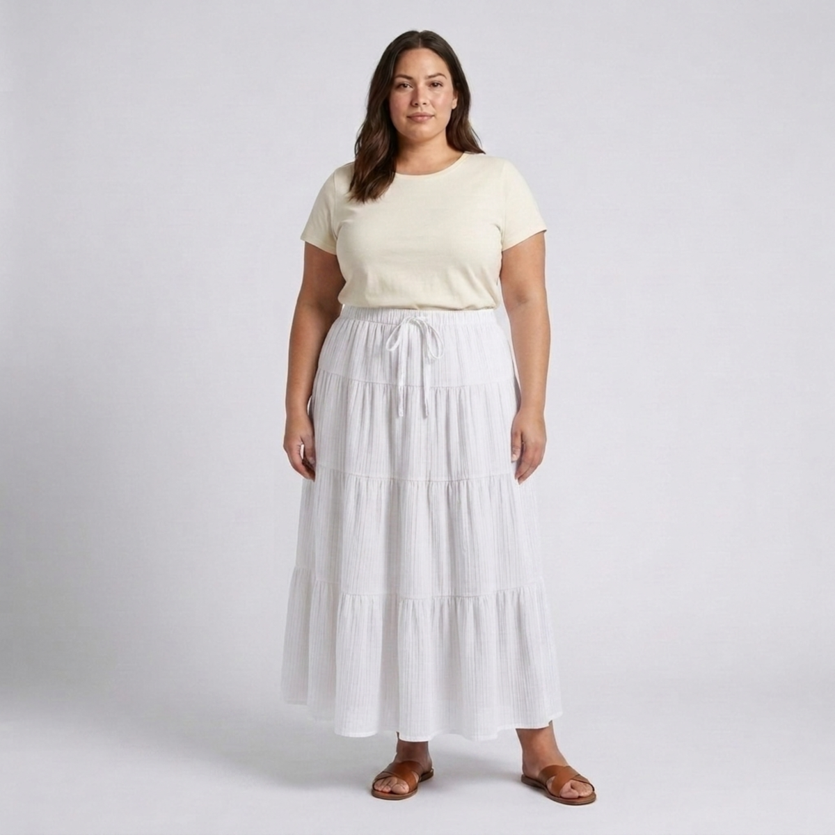 Plus size long skirt for women with panels and drawstring — White