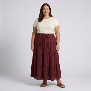 Plus size long skirt for women with panels and drawstring — Wine Red