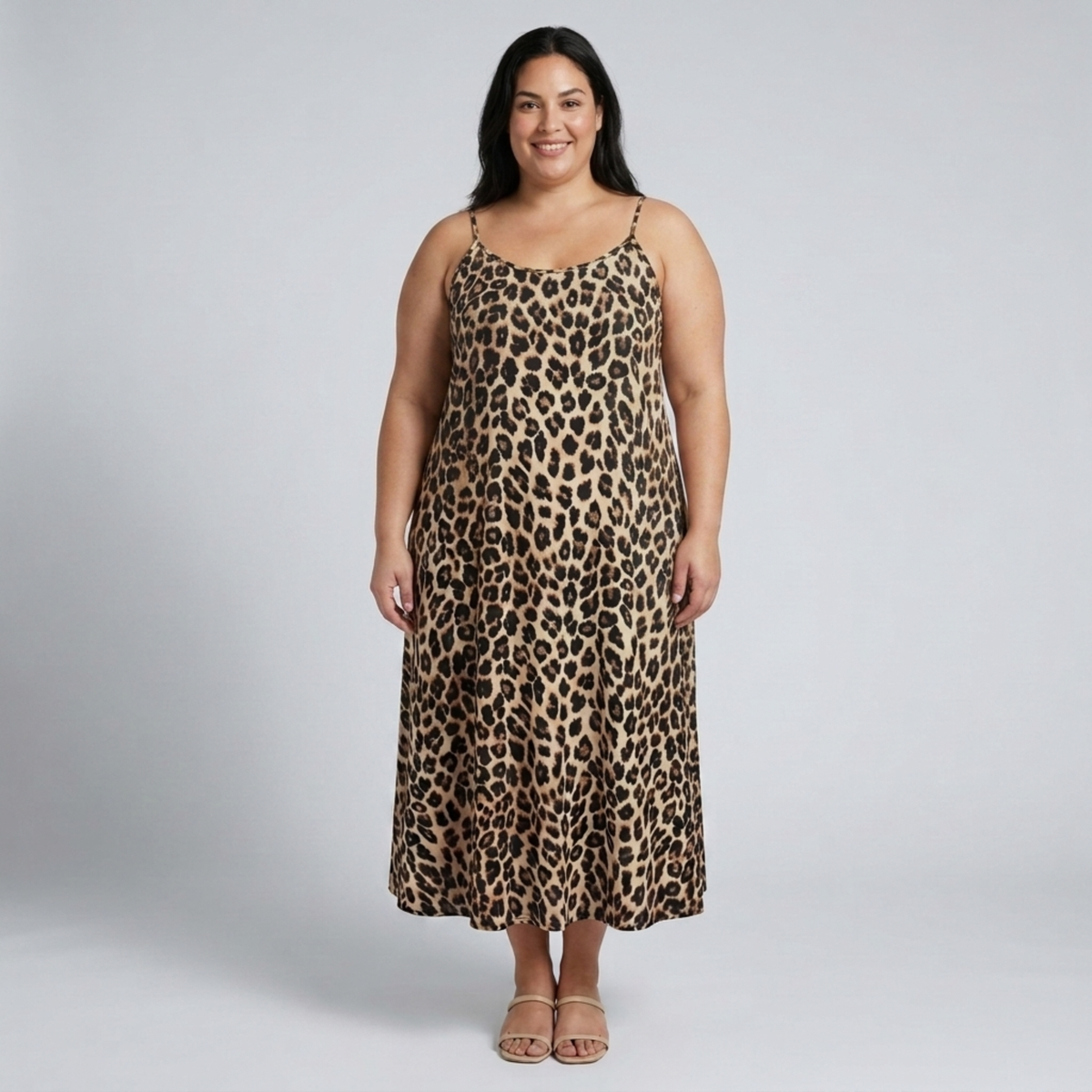 Plus size long dress for women with leopard print straps — Brown