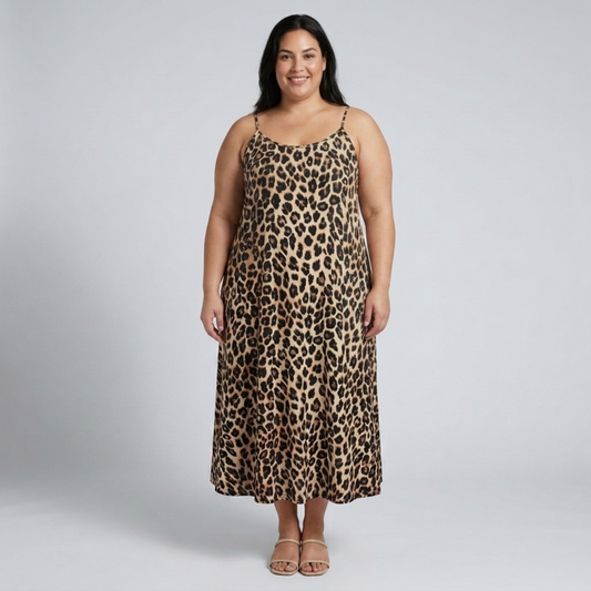 Plus size long dress for women with leopard print straps — Brown