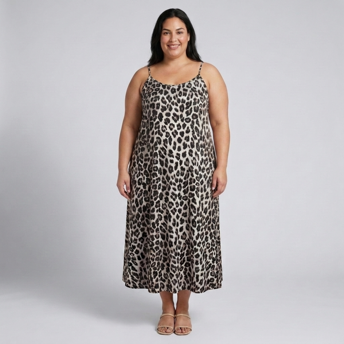 Plus size long dress for women with leopard print straps — Black