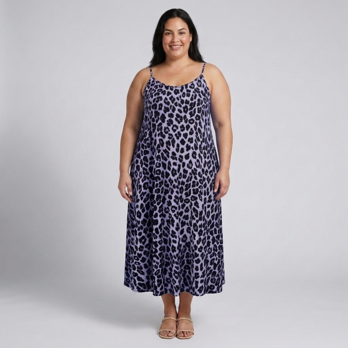 Plus size long dress for women with leopard print straps — Purple