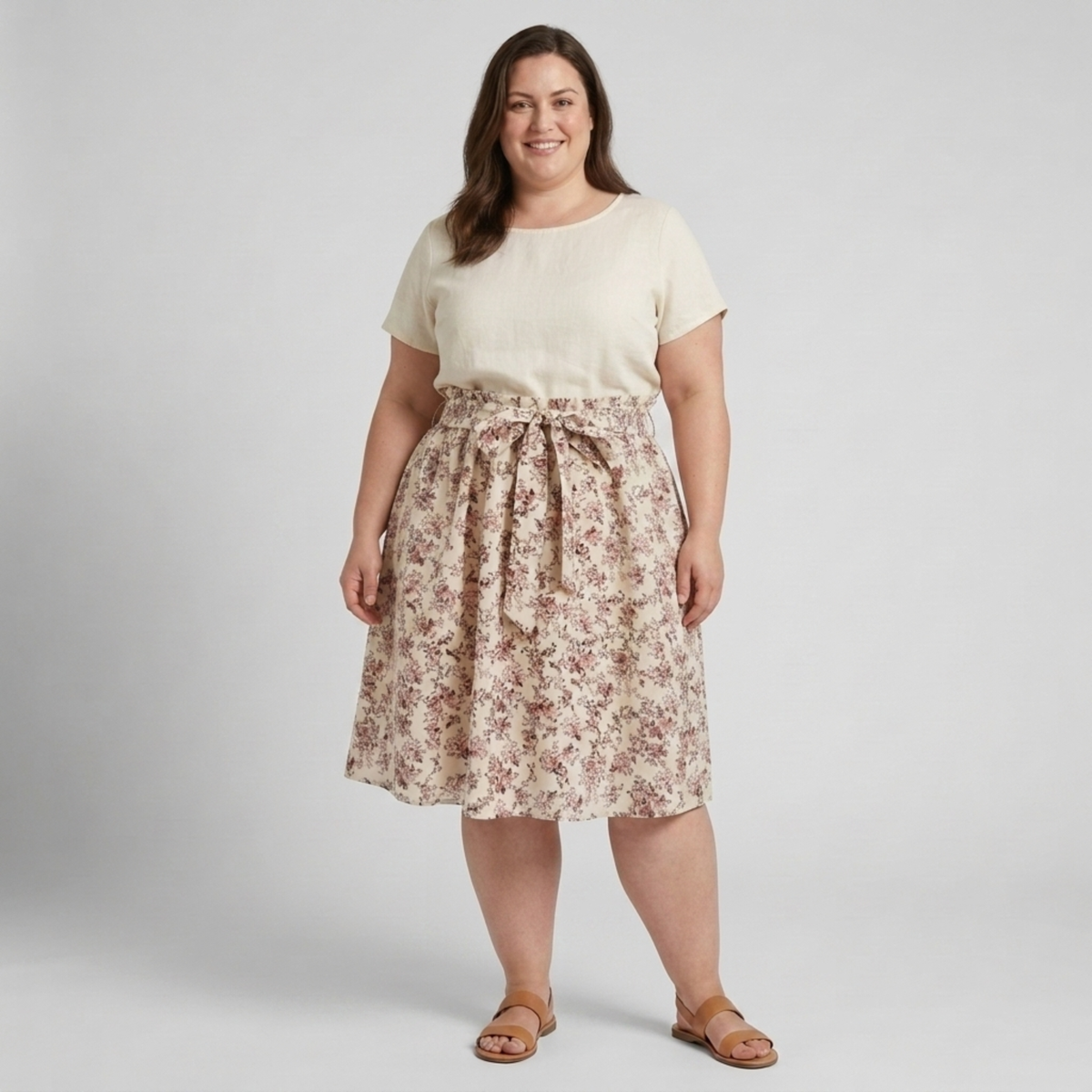 Plus size flared women's beach dress with floral pattern — Apricot