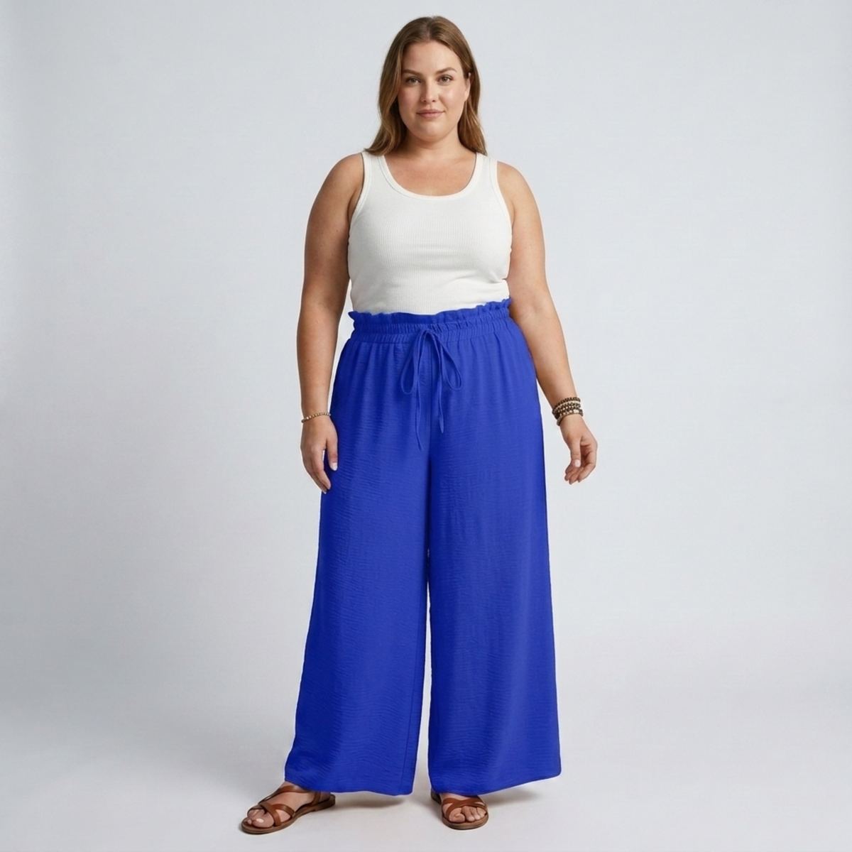 Wide large size pants for women with elastic waistband and drawstring — Blue