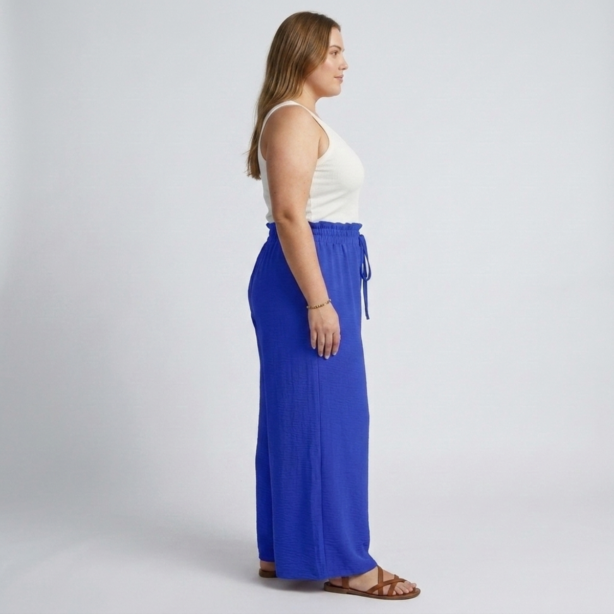 Wide large size pants for women with elastic waistband and drawstring — product view