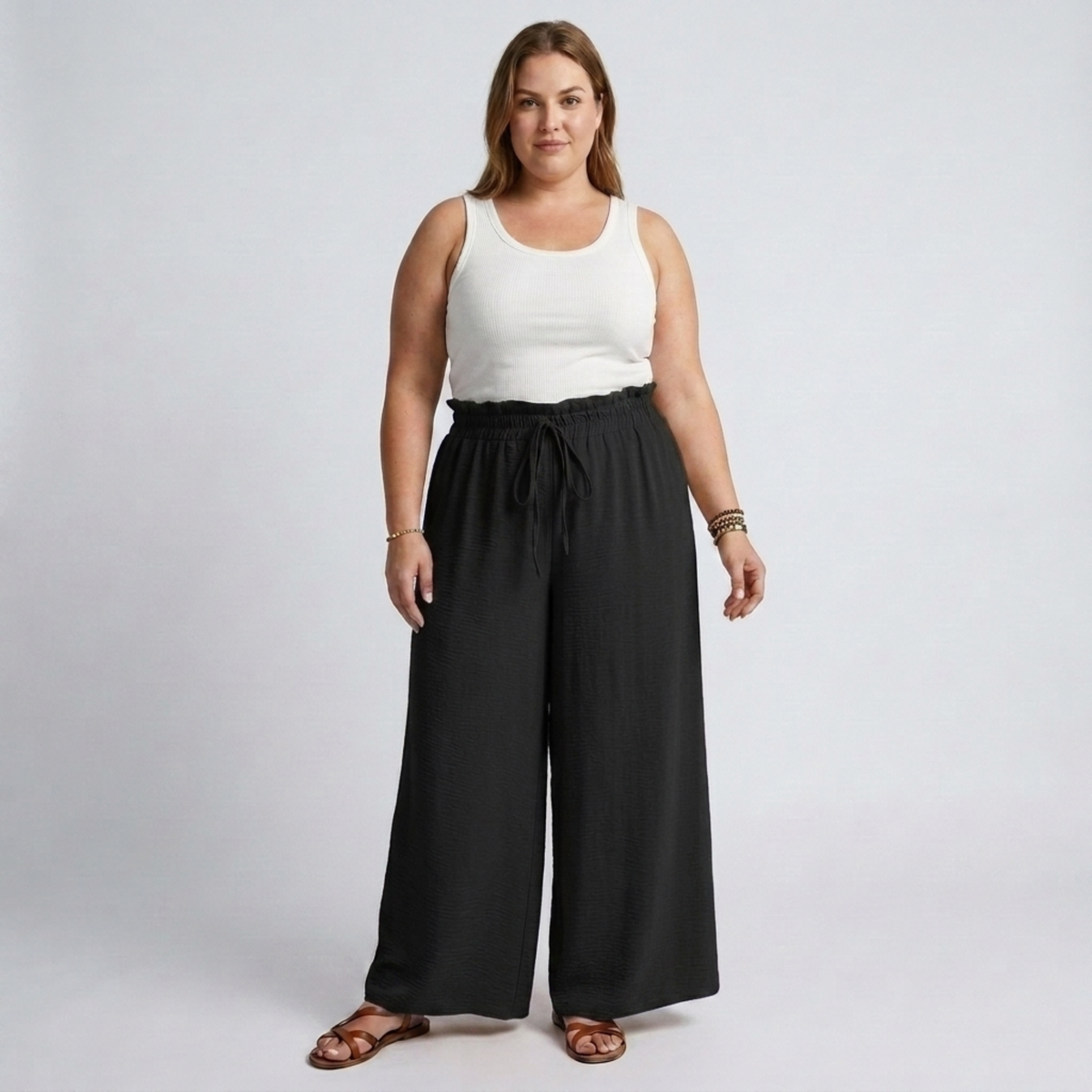 Wide large size pants for women with elastic waistband and drawstring — Black