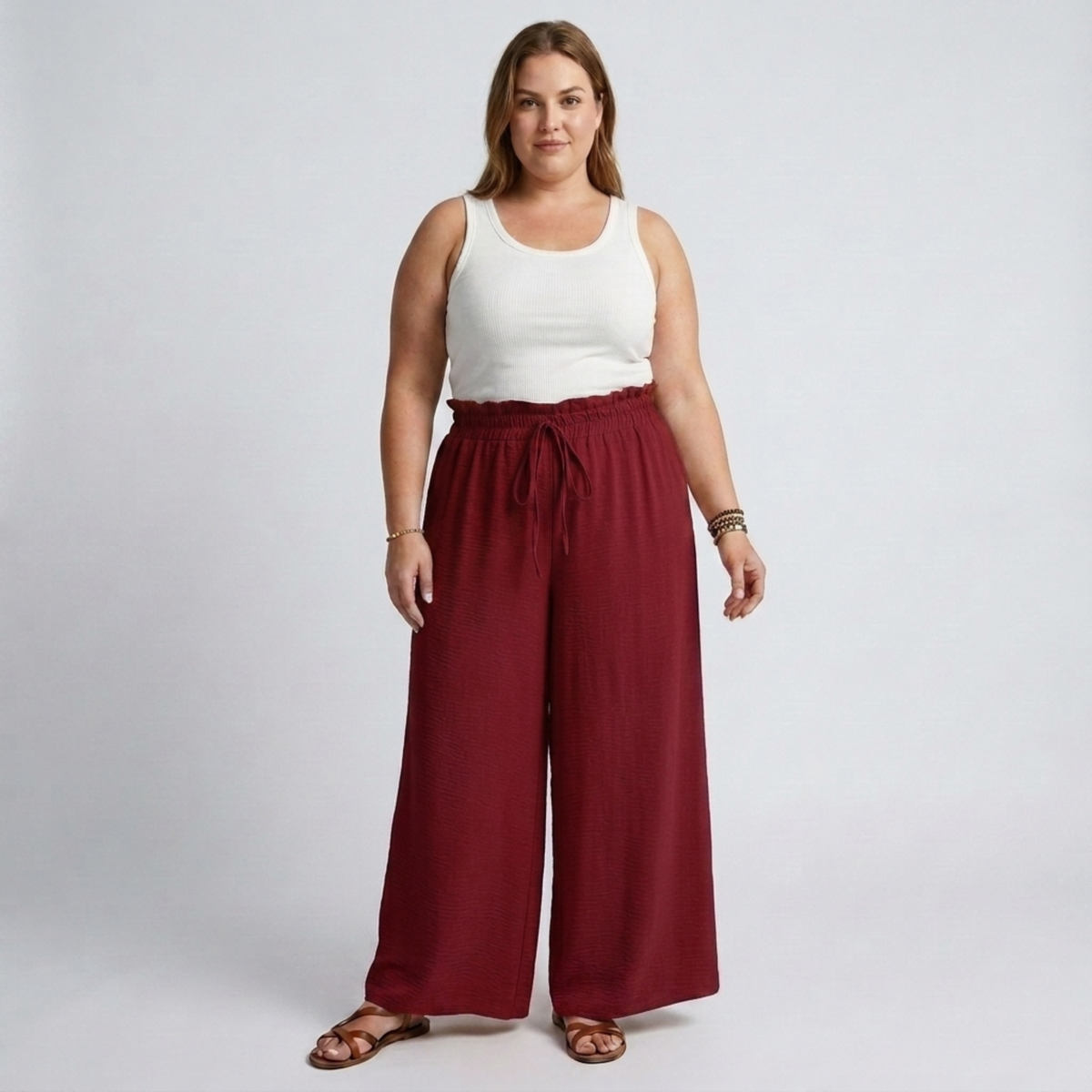Wide large size pants for women with elastic waistband and drawstring — Wine Red