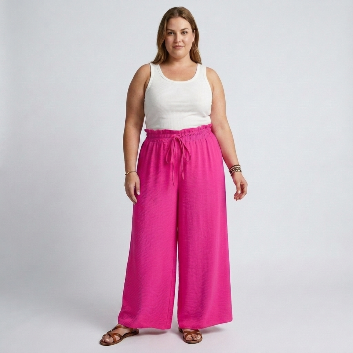 Wide large size pants for women with elastic waistband and drawstring — Pink