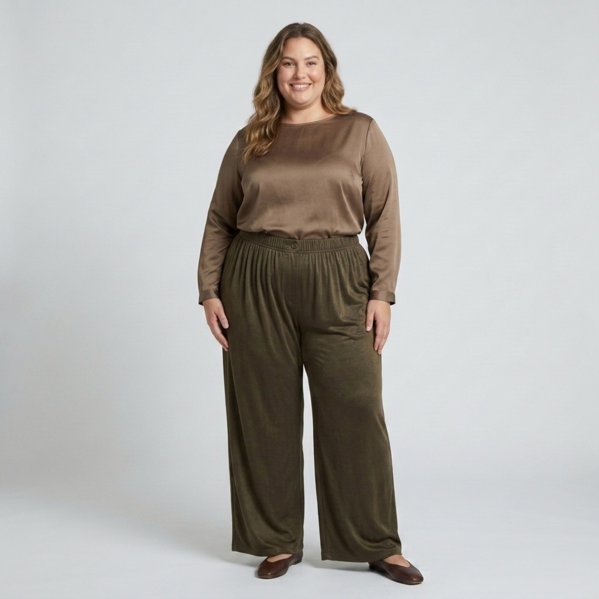 Wide large size pants for women with elastic draped fluid waist — Army Green