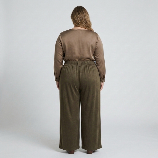 Wide large size pants for women with elastic draped fluid waist — Army Green