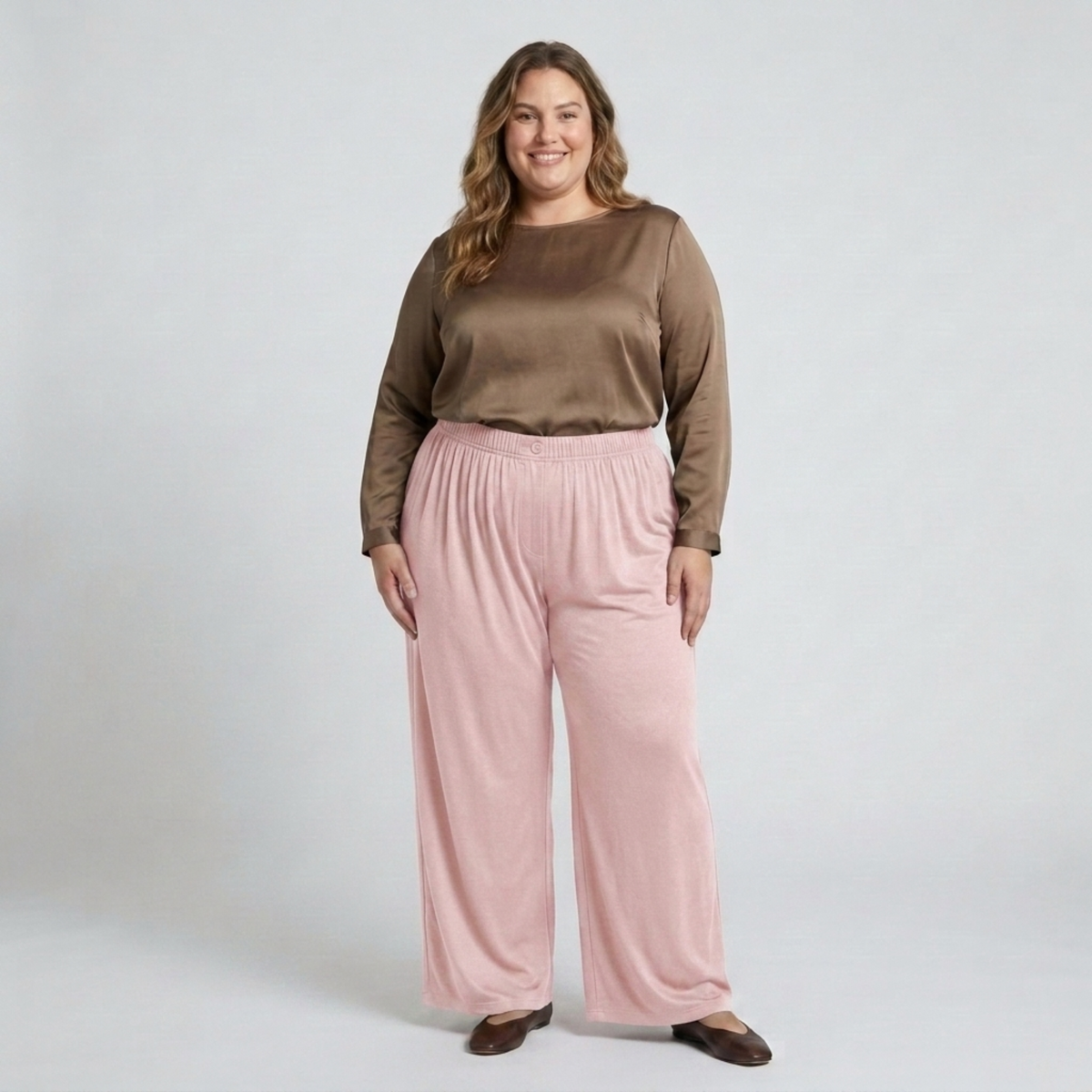Wide large size pants for women with elastic draped fluid waist — Pink
